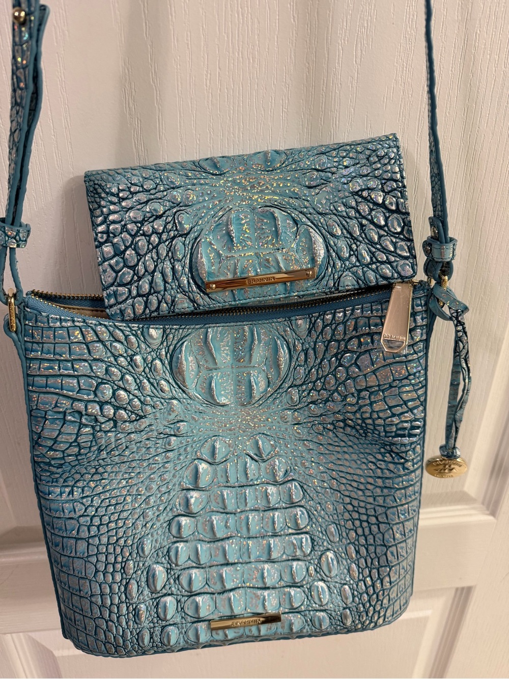 Brahmin Artic Blue Melbourne Croc-Embossed Leather Crossbody with Gold Hardware